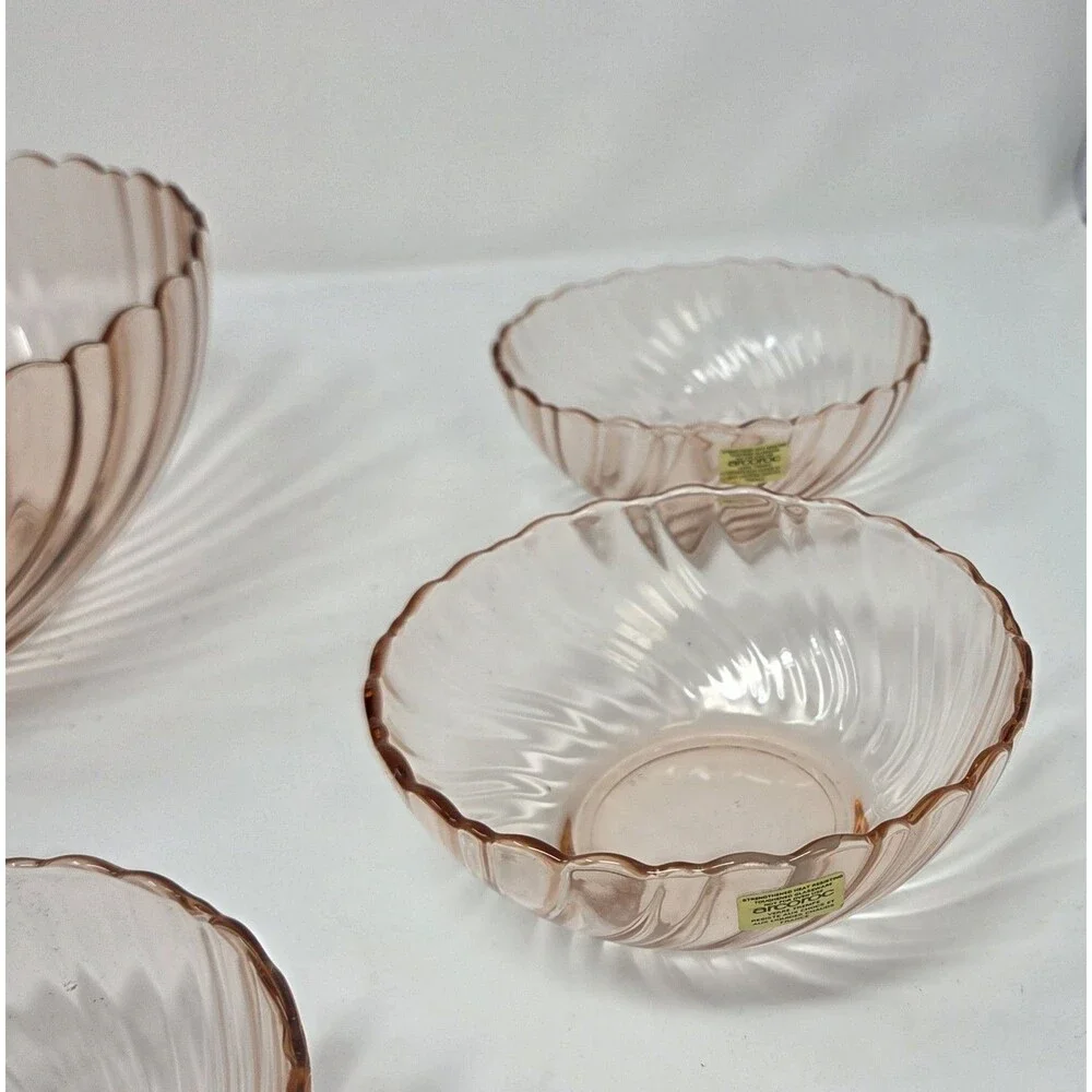 Arcoroc France Rosaline Pink Swirl Glass‎ Salad Bowl Set 7 Pc Vintage 1970s